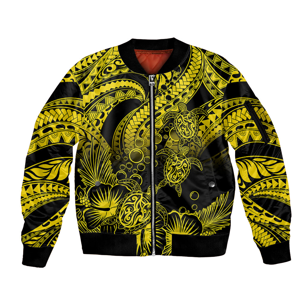 Personalised Polynesian Sleeve Zip Bomber Jacket Tribal Honu Turtle with Hibiscus Gold Version LT14 Unisex Gold - Polynesian Pride