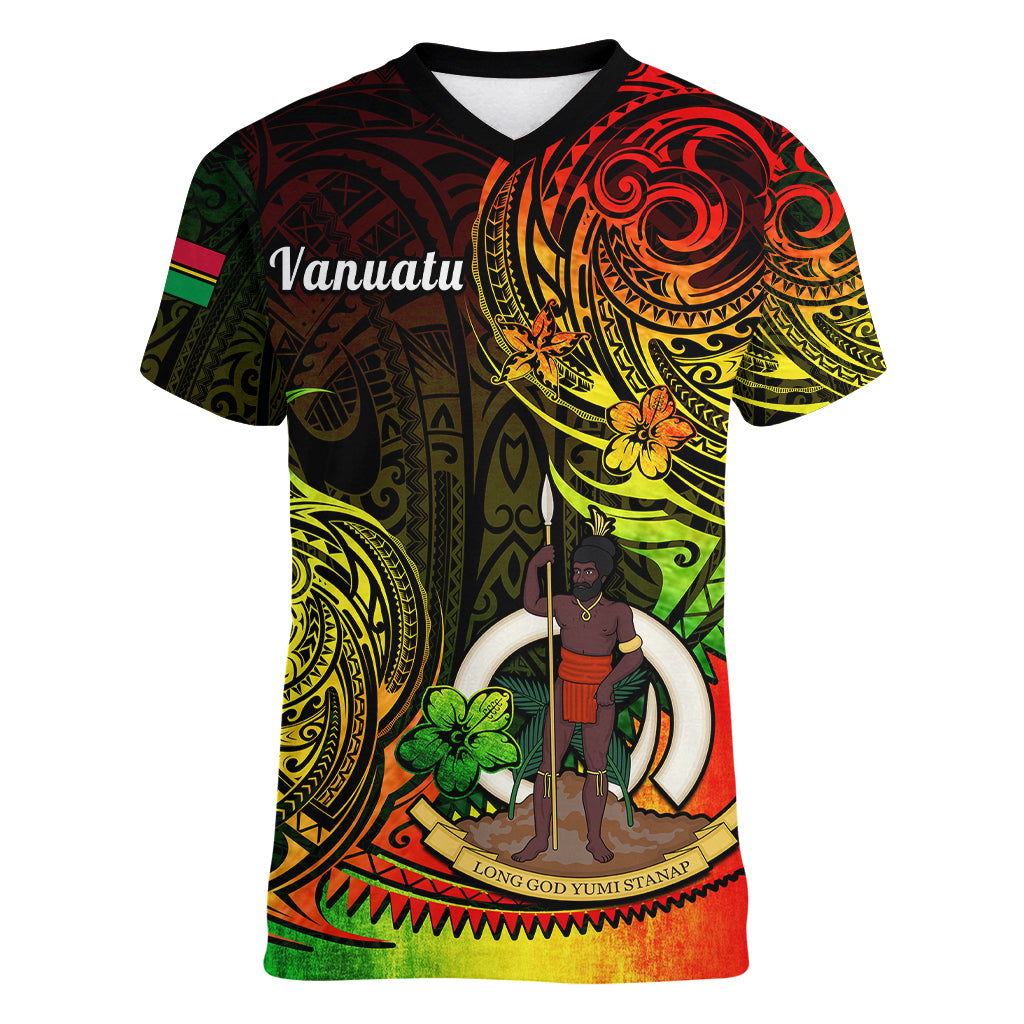 Polynesian Pride Vanuatu Women V Neck T Shirt Reggae Polynesia Long God Yumi Stanap LT14 Female Reggae - Polynesian Pride