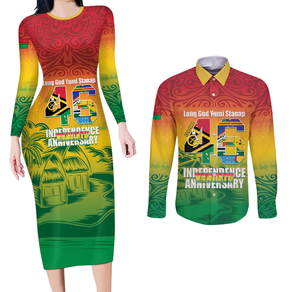 Vanuatu Indipendens Dei Couples Matching Long Sleeve Bodycon Dress and Long Sleeve Button Shirt Yumi 46th Independence Anniversary