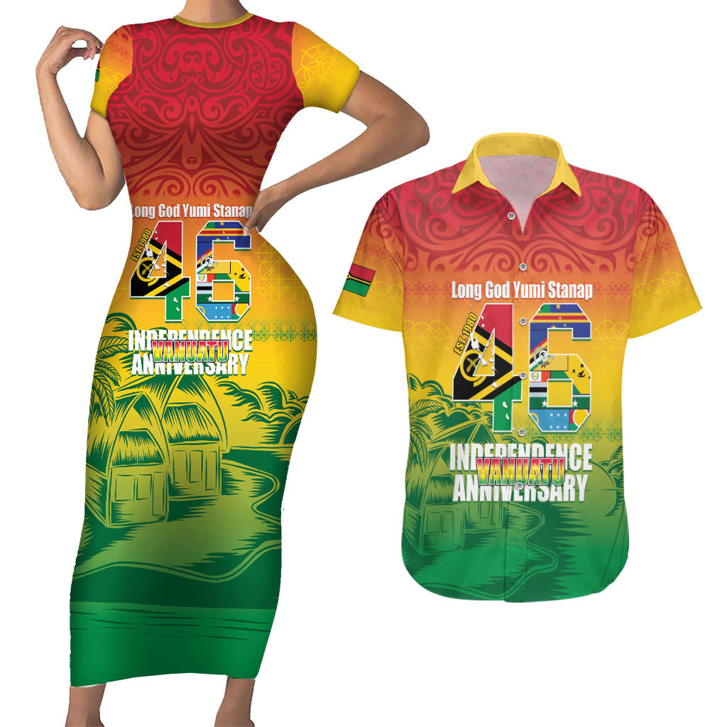 Vanuatu Indipendens Dei Couples Matching Short Sleeve Bodycon Dress and Hawaiian Shirt Yumi 46th Independence Anniversary LT14 Reggae - Polynesian Pride