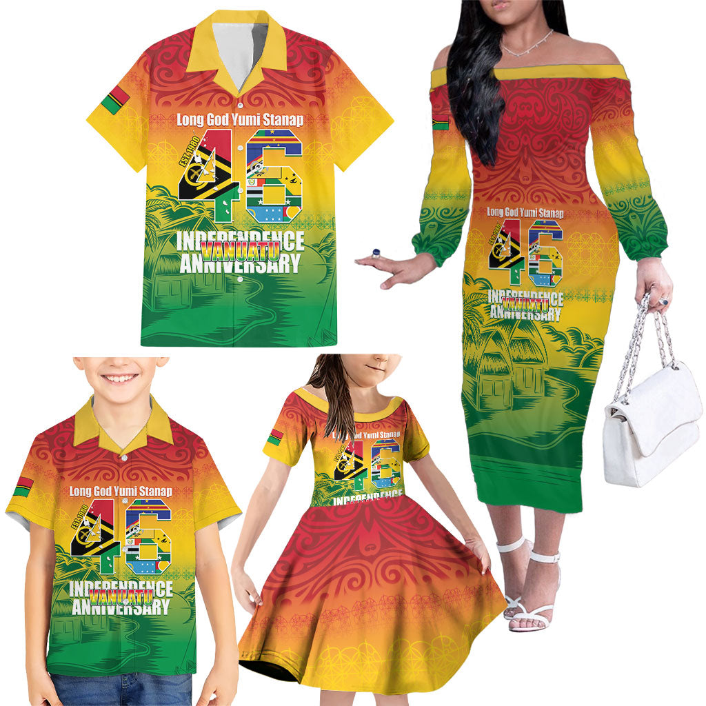 Vanuatu Indipendens Dei Family Matching Off The Shoulder Long Sleeve Dress and Hawaiian Shirt Yumi 46th Independence Anniversary