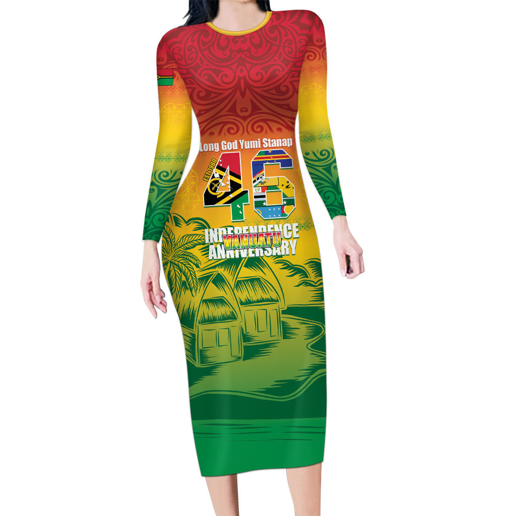 Vanuatu Indipendens Dei Long Sleeve Bodycon Dress Yumi 46th Independence Anniversary LT14 Long Dress Reggae - Polynesian Pride