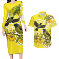 Bellbird New Zealand Couples Matching Long Sleeve Bodycon Dress and Hawaiian Shirt Korimako Kowhai Maori Pattern