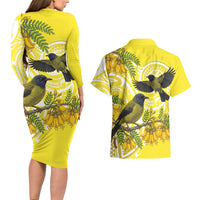 Bellbird New Zealand Couples Matching Long Sleeve Bodycon Dress and Hawaiian Shirt Korimako Kowhai Maori Pattern