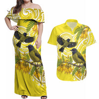 Bellbird New Zealand Couples Matching Off Shoulder Maxi Dress and Hawaiian Shirt Korimako Kowhai Maori Pattern