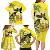Bellbird New Zealand Family Matching Long Sleeve Bodycon Dress and Hawaiian Shirt Korimako Kowhai Maori Pattern