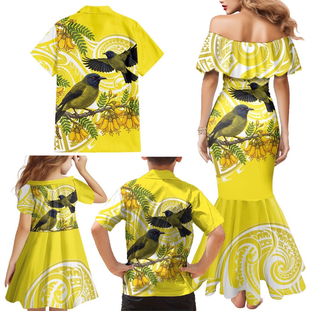 Bellbird New Zealand Family Matching Mermaid Dress and Hawaiian Shirt Korimako Kowhai Maori Pattern
