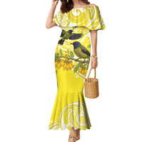Bellbird New Zealand Family Matching Mermaid Dress and Hawaiian Shirt Korimako Kowhai Maori Pattern