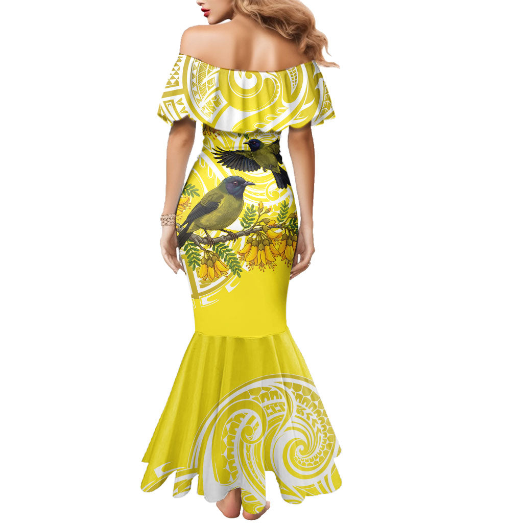 Bellbird New Zealand Family Matching Mermaid Dress and Hawaiian Shirt Korimako Kowhai Maori Pattern