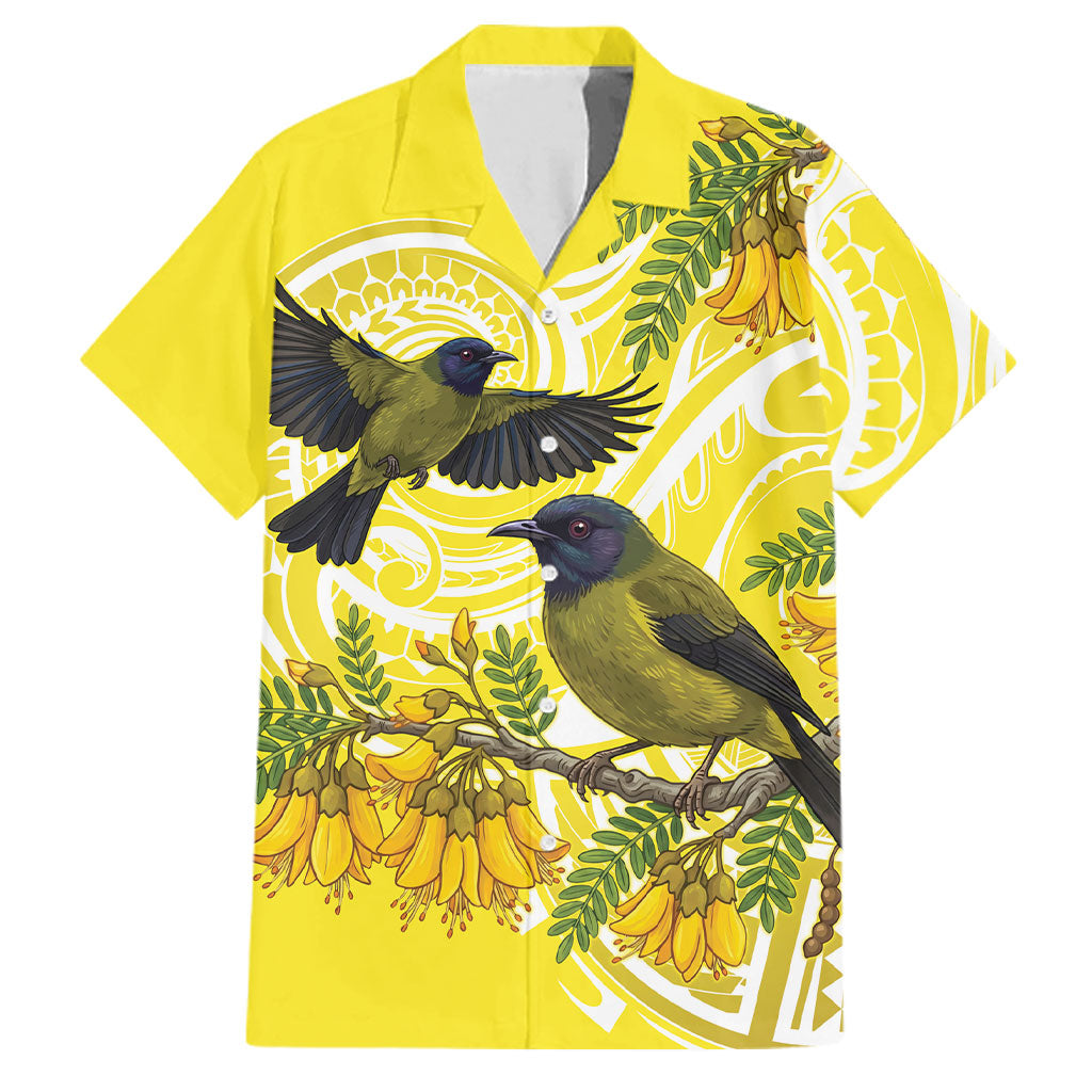 Bellbird New Zealand Family Matching Off The Shoulder Long Sleeve Dress and Hawaiian Shirt Korimako Kowhai Maori Pattern