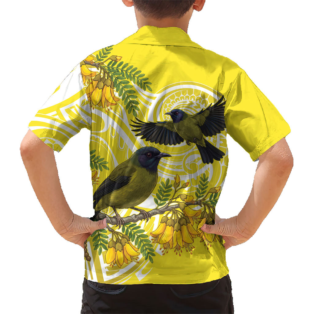 Bellbird New Zealand Family Matching Off Shoulder Maxi Dress and Hawaiian Shirt Korimako Kowhai Maori Pattern