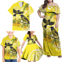 Bellbird New Zealand Family Matching Off Shoulder Maxi Dress and Hawaiian Shirt Korimako Kowhai Maori Pattern