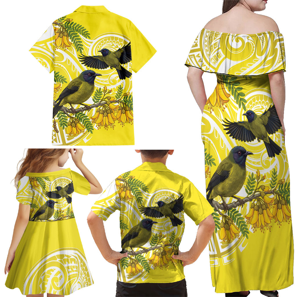 Bellbird New Zealand Family Matching Off Shoulder Maxi Dress and Hawaiian Shirt Korimako Kowhai Maori Pattern