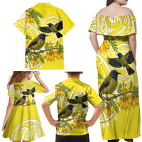 Bellbird New Zealand Family Matching Off Shoulder Maxi Dress and Hawaiian Shirt Korimako Kowhai Maori Pattern