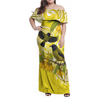 Bellbird New Zealand Family Matching Off Shoulder Maxi Dress and Hawaiian Shirt Korimako Kowhai Maori Pattern