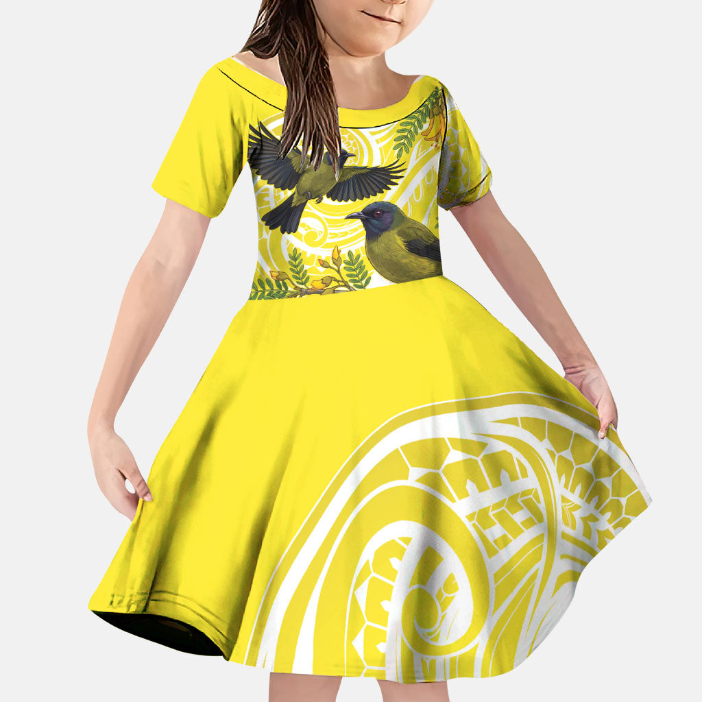 Bellbird New Zealand Family Matching Off Shoulder Short Dress and Hawaiian Shirt Korimako Kowhai Maori Pattern