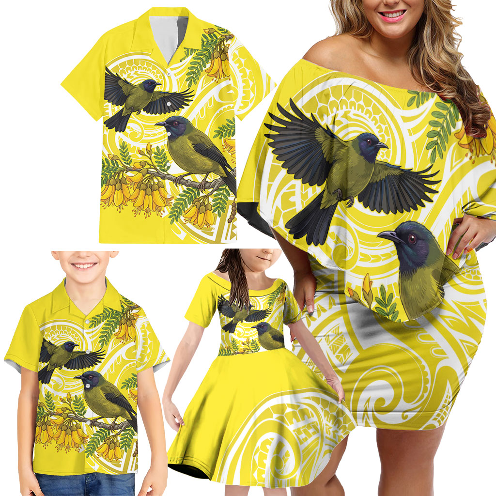 Bellbird New Zealand Family Matching Off Shoulder Short Dress and Hawaiian Shirt Korimako Kowhai Maori Pattern
