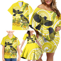 Bellbird New Zealand Family Matching Off Shoulder Short Dress and Hawaiian Shirt Korimako Kowhai Maori Pattern