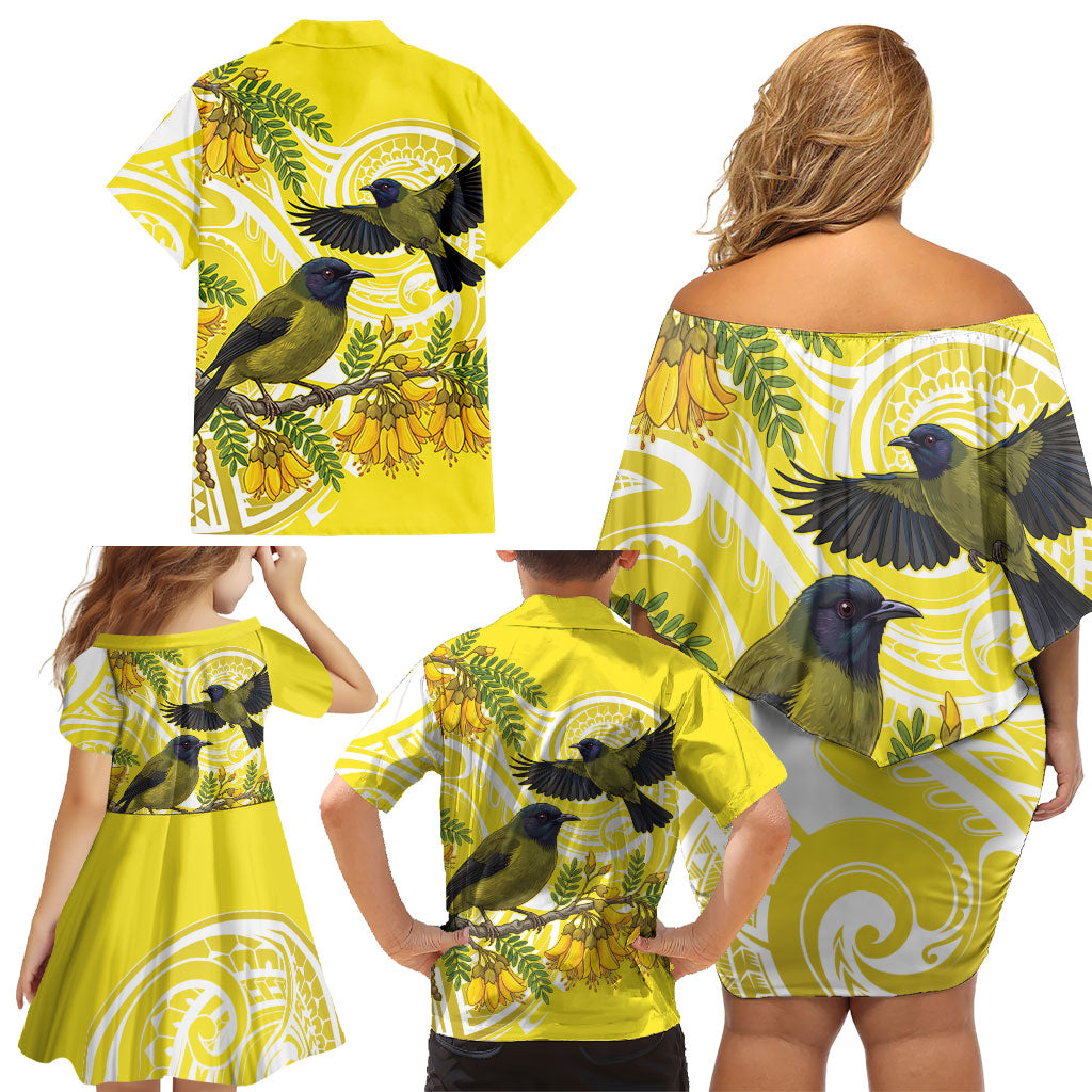 Bellbird New Zealand Family Matching Off Shoulder Short Dress and Hawaiian Shirt Korimako Kowhai Maori Pattern