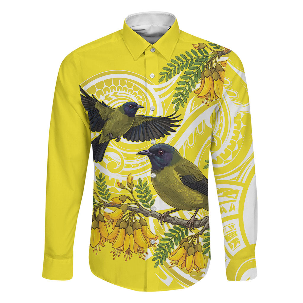 Bellbird New Zealand Family Matching Off Shoulder Short Dress and Hawaiian Shirt Korimako Kowhai Maori Pattern