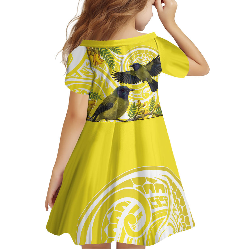 Bellbird New Zealand Family Matching Short Sleeve Bodycon Dress and Hawaiian Shirt Korimako Kowhai Maori Pattern
