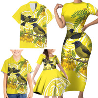 Bellbird New Zealand Family Matching Short Sleeve Bodycon Dress and Hawaiian Shirt Korimako Kowhai Maori Pattern