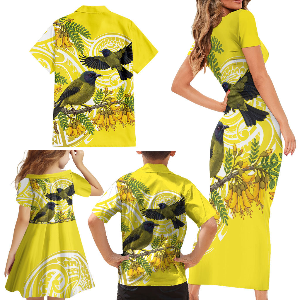 Bellbird New Zealand Family Matching Short Sleeve Bodycon Dress and Hawaiian Shirt Korimako Kowhai Maori Pattern
