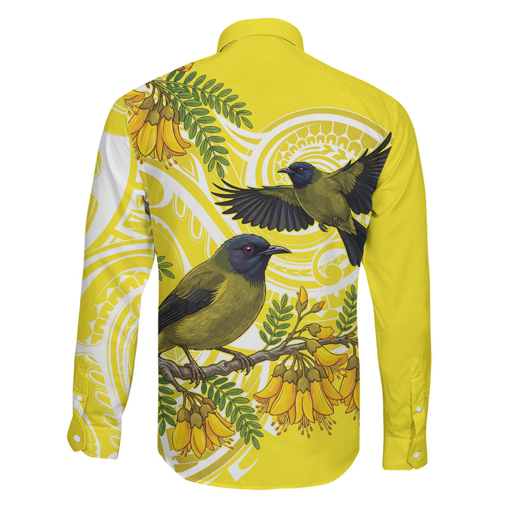 Bellbird New Zealand Family Matching Short Sleeve Bodycon Dress and Hawaiian Shirt Korimako Kowhai Maori Pattern