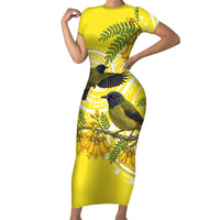 Bellbird New Zealand Family Matching Short Sleeve Bodycon Dress and Hawaiian Shirt Korimako Kowhai Maori Pattern