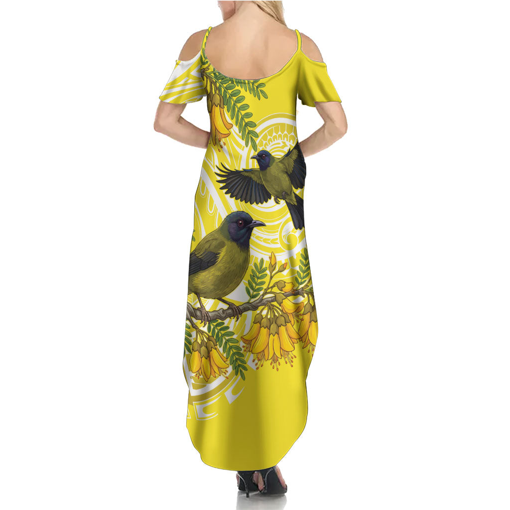 Bellbird New Zealand Family Matching Summer Maxi Dress and Hawaiian Shirt Korimako Kowhai Maori Pattern