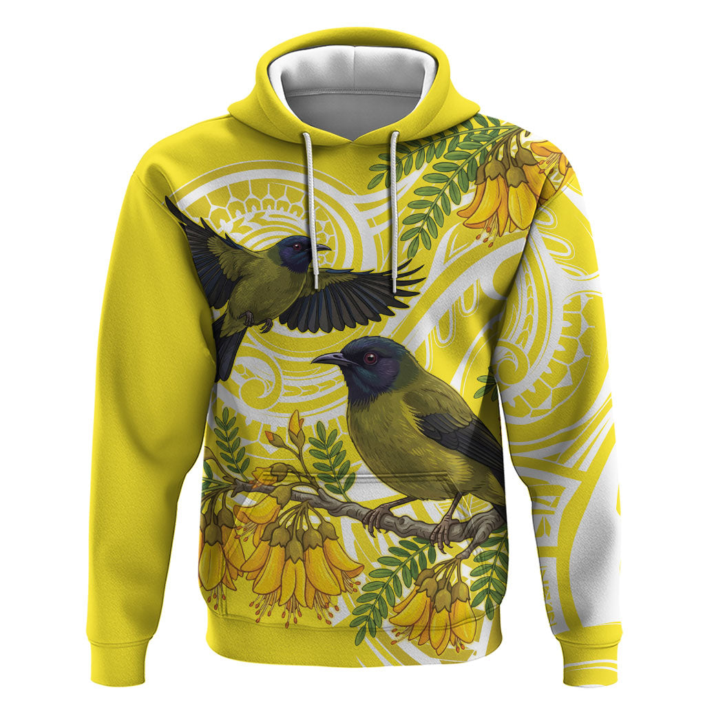 Bellbird New Zealand Hoodie Korimako Kowhai Maori Pattern LT14 Pullover Hoodie Yellow - Polynesian Pride