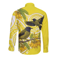 Bellbird New Zealand Long Sleeve Button Shirt Korimako Kowhai Maori Pattern LT14 - Polynesian Pride