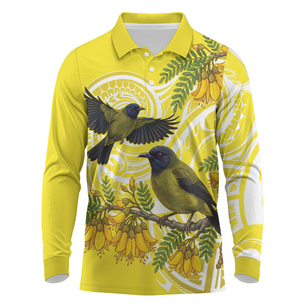 Bellbird New Zealand Long Sleeve Polo Shirt Korimako Kowhai Maori Pattern