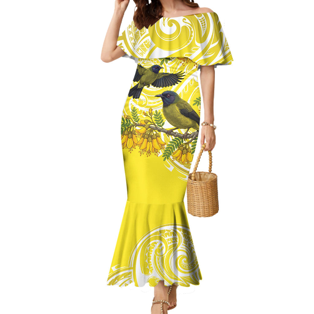 Bellbird New Zealand Mermaid Dress Korimako Kowhai Maori Pattern LT14 Women Yellow - Polynesian Pride