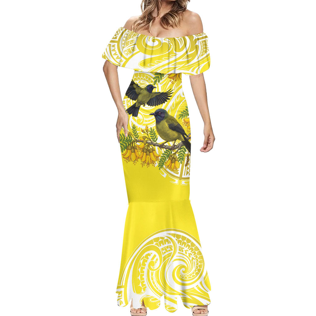 Bellbird New Zealand Mermaid Dress Korimako Kowhai Maori Pattern