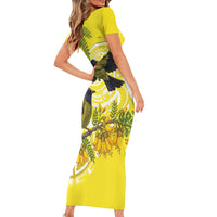 Bellbird New Zealand Short Sleeve Bodycon Dress Korimako Kowhai Maori Pattern