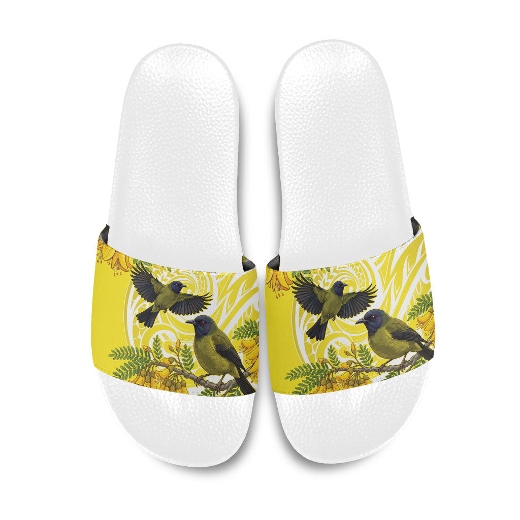 Bellbird New Zealand Slide Sandals Korimako Kowhai Maori Pattern