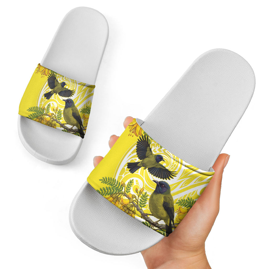 Bellbird New Zealand Slide Sandals Korimako Kowhai Maori Pattern