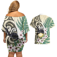 Endemic Tomtit New Zealand Couples Matching Off Shoulder Short Dress and Hawaiian Shirt Miromiro Manuka Silver Fern Maori Pattern
