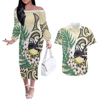 Endemic Tomtit New Zealand Couples Matching Off The Shoulder Long Sleeve Dress and Hawaiian Shirt Miromiro Manuka Silver Fern Maori Pattern
