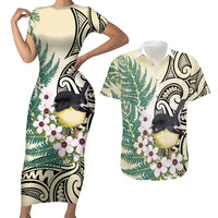 Endemic Tomtit New Zealand Couples Matching Short Sleeve Bodycon Dress and Hawaiian Shirt Miromiro Manuka Silver Fern Maori Pattern