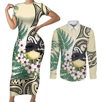 Endemic Tomtit New Zealand Couples Matching Short Sleeve Bodycon Dress and Long Sleeve Button Shirt Miromiro Manuka Silver Fern Maori Pattern
