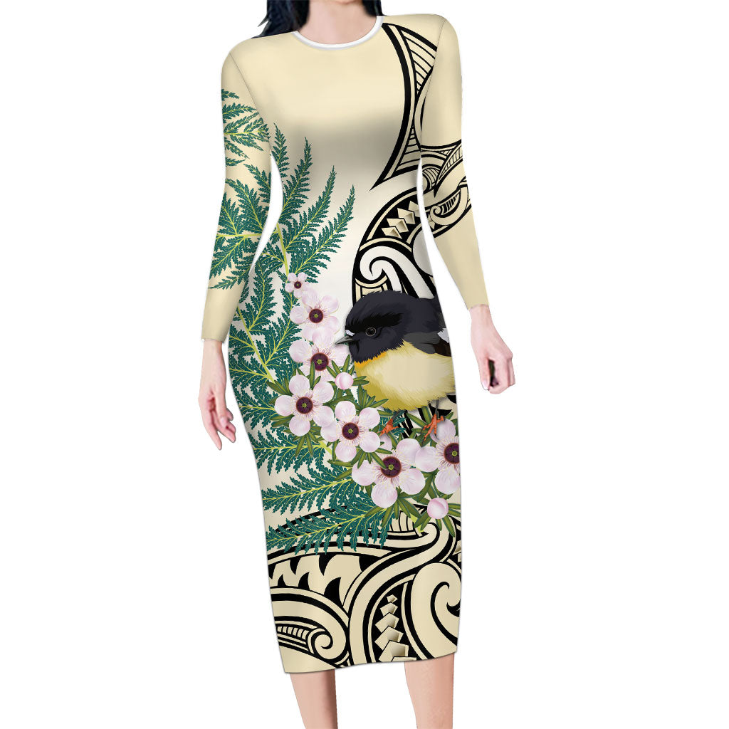 Endemic Tomtit New Zealand Family Matching Long Sleeve Bodycon Dress and Hawaiian Shirt Miromiro Manuka Silver Fern Maori Pattern