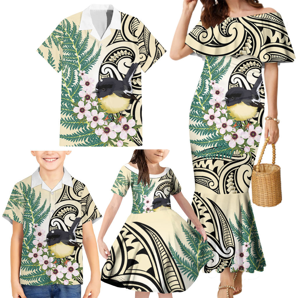 Endemic Tomtit New Zealand Family Matching Mermaid Dress and Hawaiian Shirt Miromiro Manuka Silver Fern Maori Pattern