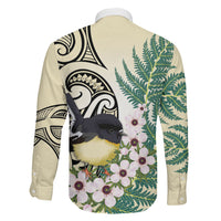 Endemic Tomtit New Zealand Family Matching Off The Shoulder Long Sleeve Dress and Hawaiian Shirt Miromiro Manuka Silver Fern Maori Pattern