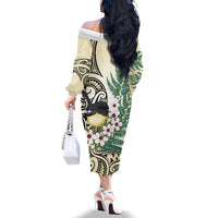 Endemic Tomtit New Zealand Family Matching Off The Shoulder Long Sleeve Dress and Hawaiian Shirt Miromiro Manuka Silver Fern Maori Pattern