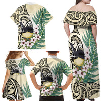 Endemic Tomtit New Zealand Family Matching Off Shoulder Maxi Dress and Hawaiian Shirt Miromiro Manuka Silver Fern Maori Pattern