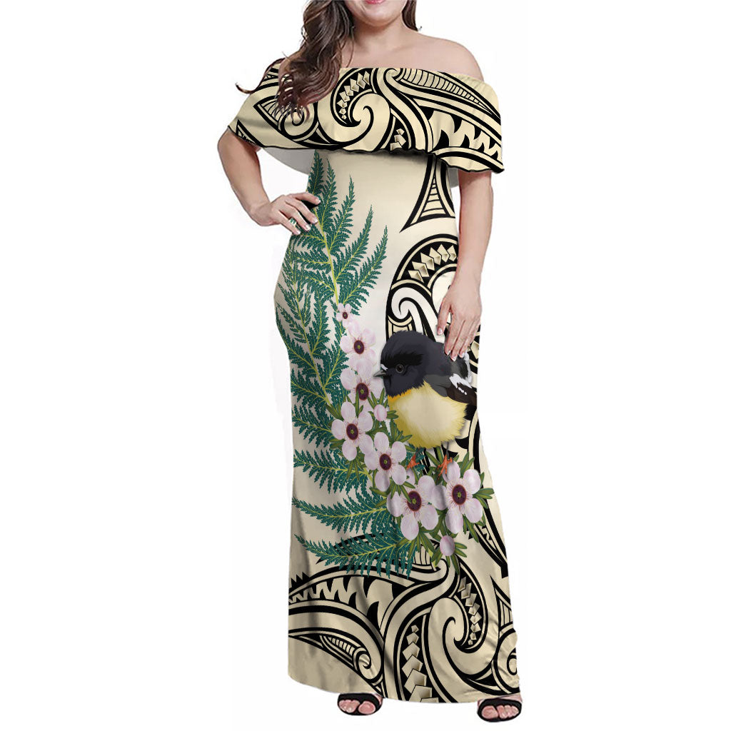 Endemic Tomtit New Zealand Family Matching Off Shoulder Maxi Dress and Hawaiian Shirt Miromiro Manuka Silver Fern Maori Pattern