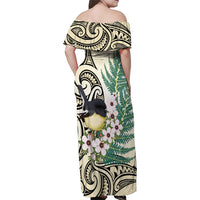 Endemic Tomtit New Zealand Family Matching Off Shoulder Maxi Dress and Hawaiian Shirt Miromiro Manuka Silver Fern Maori Pattern