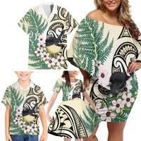 Endemic Tomtit New Zealand Family Matching Off Shoulder Short Dress and Hawaiian Shirt Miromiro Manuka Silver Fern Maori Pattern